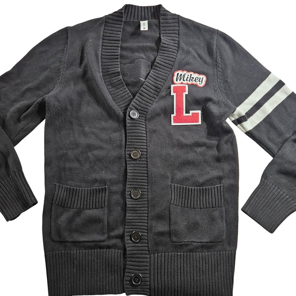 Varsity Cardigan Sweater Mens XL Black V Neck Mikey L Letterman The Crew Pockets